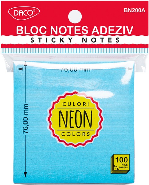 Öntapadó jegyzettömb 76x76 mm 100 lap Daco neon kék
