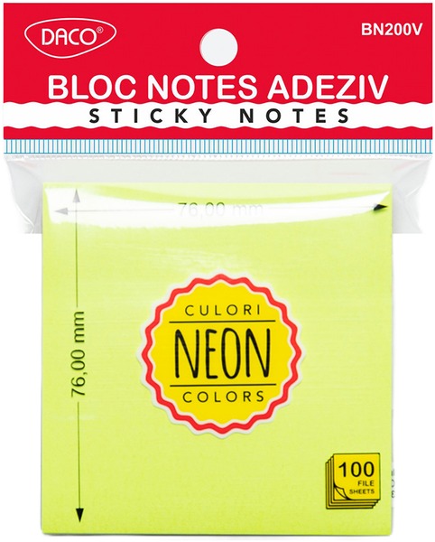 Öntapadó jegyzettömb 76x76 mm 100 lap Daco neon zöld