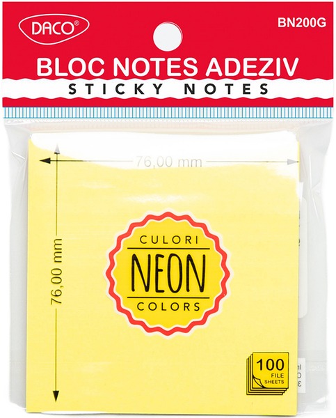 Öntapadó jegyzettömb 76x76 mm 100 lap Daco neon sárga