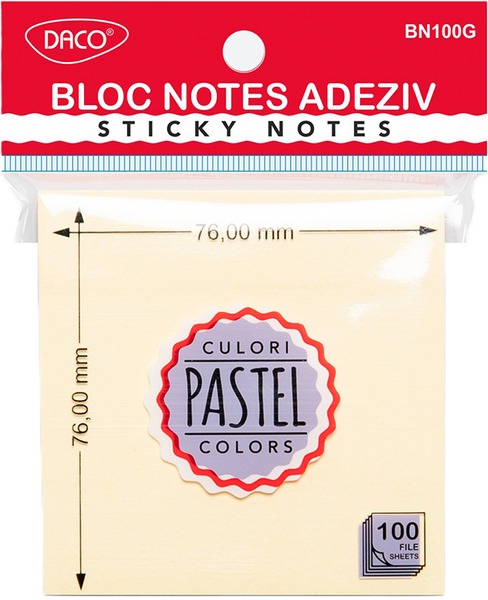 Öntapadó jegyzettömb 76x76 mm 100 lap Daco pasztell sárga
