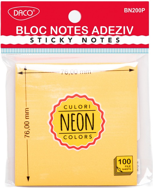 Öntapadó jegyzettömb 76x76 mm 100 lap Daco neon narancs