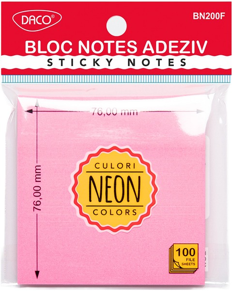 Öntapadó jegyzettömb 76x76 mm 100 lap Daco neon rózsaszín