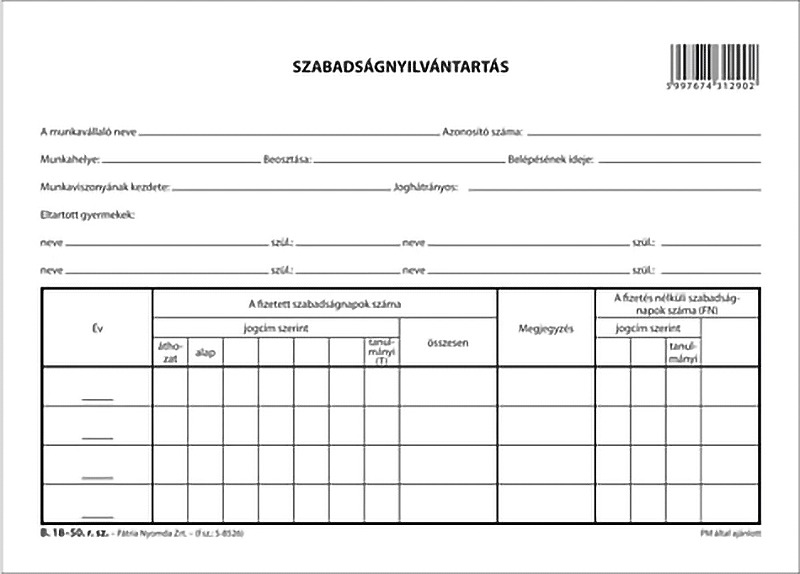 Szabadságnyilvántartás B.18-50 A/5 Pátria