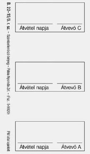 Számlaellenőrző bélyeg B.22-15/O 48x100 mm 50 lapos Pátria