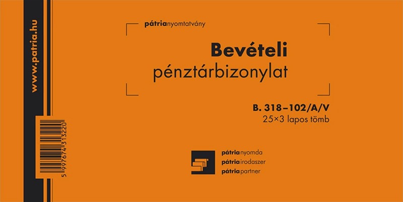 Bevételi pénztárbizonylat B.318-102/A/V 203x102 mm 25x3 lapos Pátria