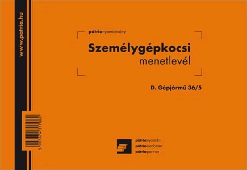 Szem&eacute;lyg&eacute;pkocsi menetlev&eacute;l D.G&eacute;pj.36/5 A/5 100 lapos P&aacute;tria