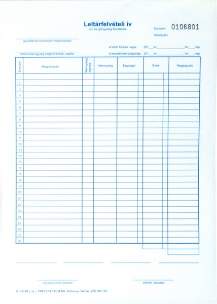 Leltárfelvételi ív B.14-30 A/4 25x3 lapos Print System