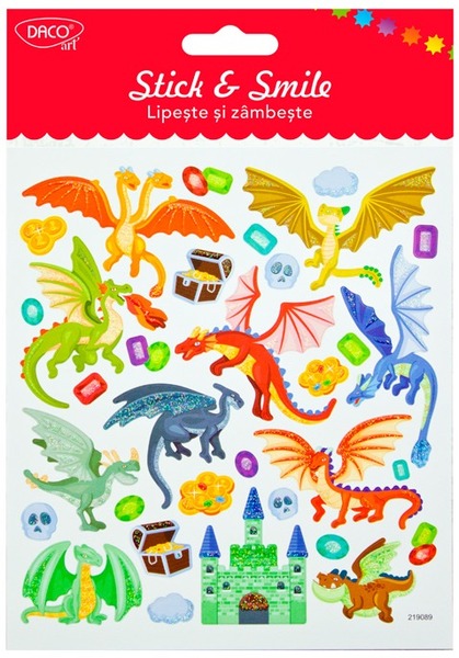 Matrica, glitteres Daco "Stick & Smile" sárkányok