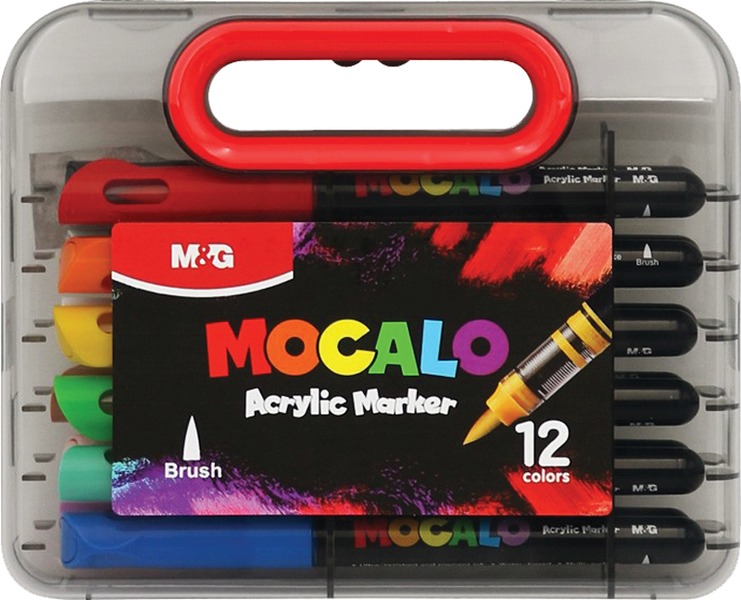 Akril marker k&eacute;szlet, ecsetv&eacute;gű M&G "Mocalo" 12 sz&iacute;n