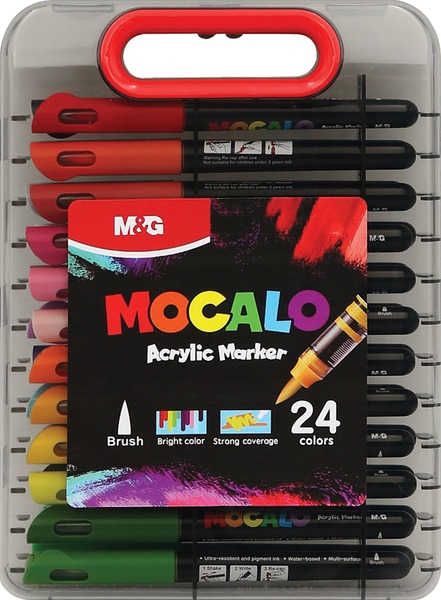 Akril marker k&eacute;szlet, ecsetv&eacute;gű M&G "Mocalo" 24 sz&iacute;n