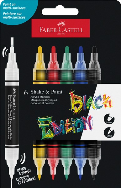 Akril marker készlet, kétvégű Faber-Castell "Black Edition" Shake&Paint 6 szín