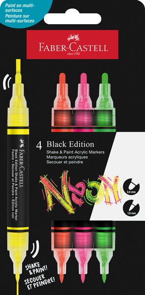 Akril marker készlet, kétvégű Faber-Castell "Black Edition" Shake&Paint 4 neon szín