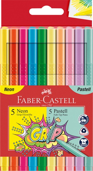 Filctoll készlet, kimosható 1 mm Faber-Castell "Grip" 10 neon és pasztell szín