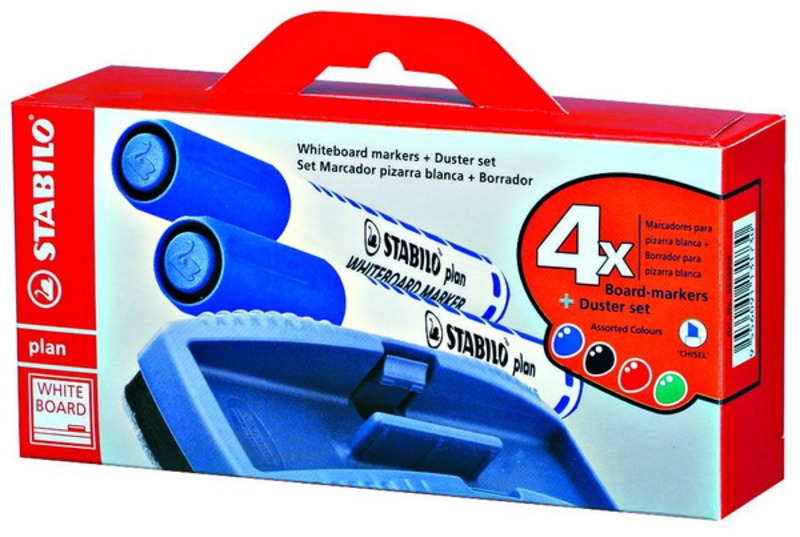 Táblamarker készlet 1-4 mm gömb, táblaörlővel Stabilo "Plan" 41 4 szín