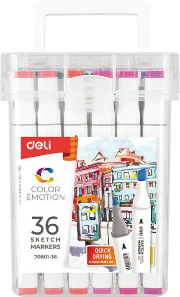 Alkoholos marker készlet kétvégű, vágott és gömb Deli "Color Emotion" 36 szín