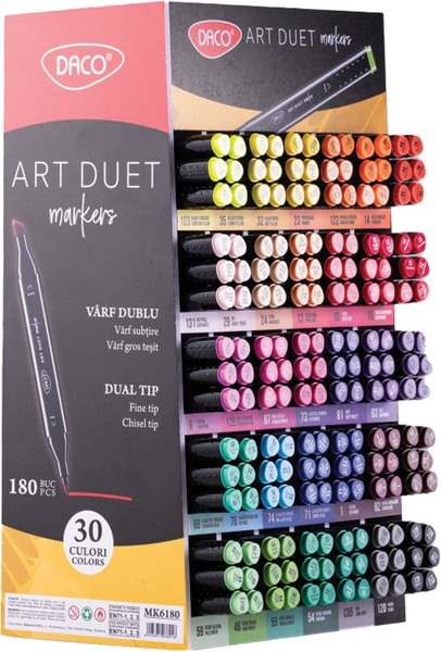 Alkoholos marker display 180 db-os kétvégű, vágott és gömb Daco "Art Duet" 30 szín
