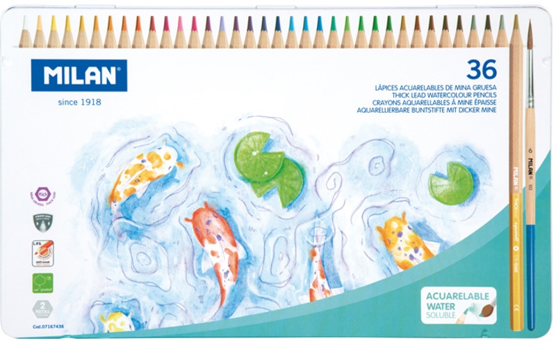 Színesceruza készlet akvarell, ajándék ecset Milan "Aqua" 36 szín