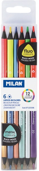 Színesceruza készlet kétvégű, fekete fa, háromszög test Milan 6/12 fluo és metál szín