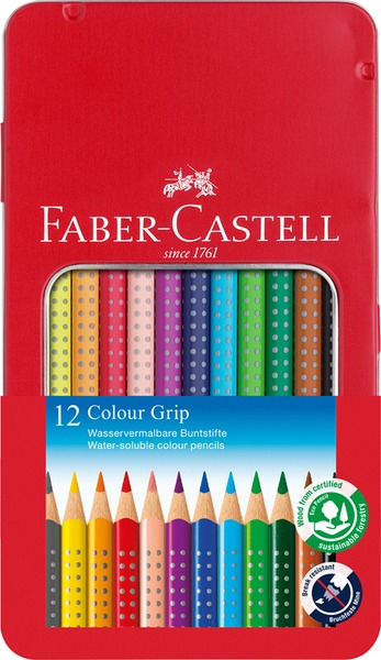 Színesceruza készlet háromszög test, fém dobozos Faber-Castell "Colour Grip" 12 szín