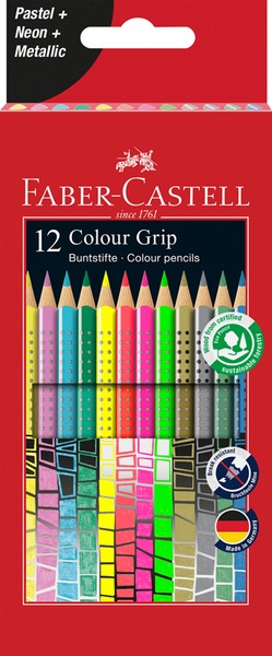 Színesceruza készlet háromszög test Faber-Castell "Colour Grip" 12 pasztell, neon és metál szín
