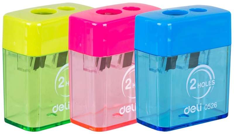 Hegyező 2 lyukú, műanyag, tartályos Deli "Neon"