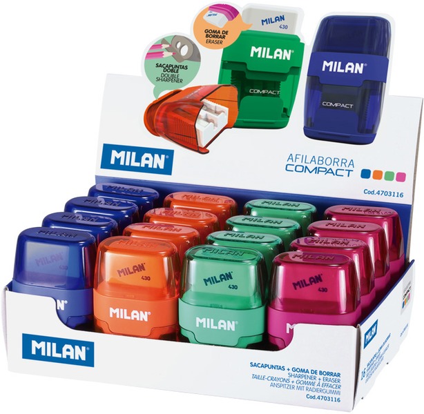 Hegyező 2 lyukú, tartályos, radírral Milan "Compact"