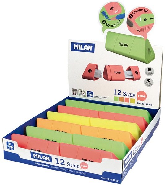 Hegyező 2 lyukú, tartályos Milan "Slide" Fluo