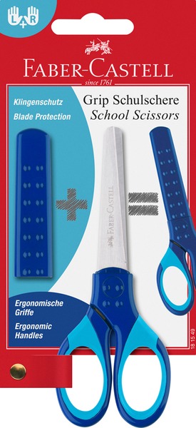 Olló, iskolai 13 cm védőtokkal Faber-Castell "Grip" kék