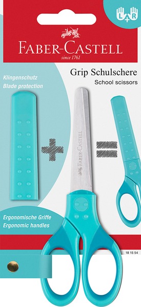 Olló, iskolai 13 cm védőtokkal Faber-Castell "Grip" türkiz