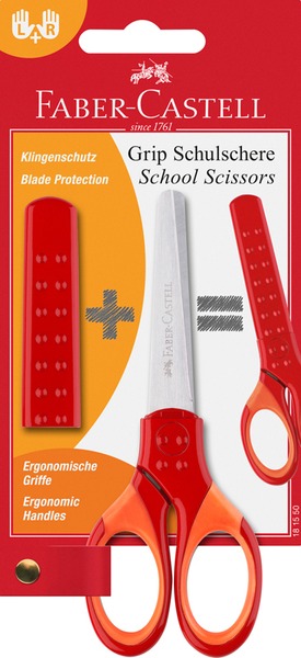 Olló, iskolai 13 cm védőtokkal Faber-Castell "Grip" piros