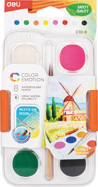 Vízfesték 28 mm, ajándék ecset Deli "Color Emotion" 8 szín