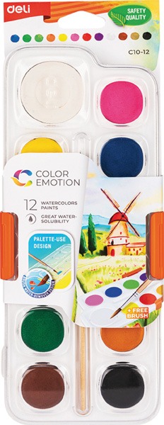 Vízfesték 28 mm, ajándék ecset Deli "Color Emotion" 12 szín