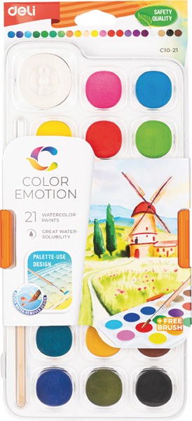 Vízfesték 28 mm, ajándék ecset Deli "Color Emotion" 21 szín