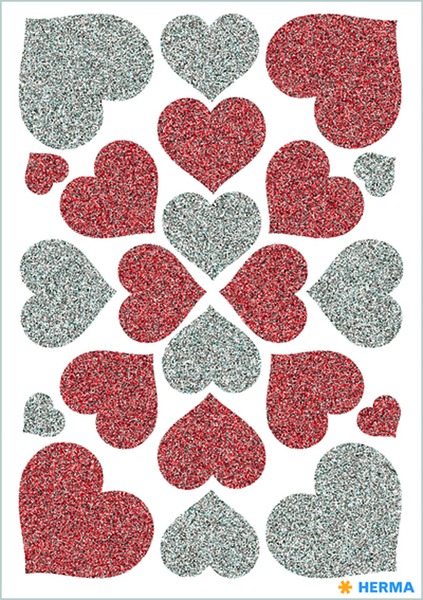 Matrica, glitteres Herma "Magic" Hearts piros-ezüst