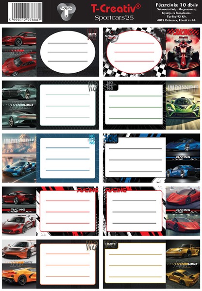 Füzetcímke 25 ív/csomag T-Creativ "Sportcars"
