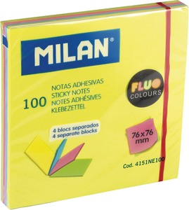 Öntapadó jegyzettömb 76x76 mm 100 lap Milan "Fluo" fluo színek