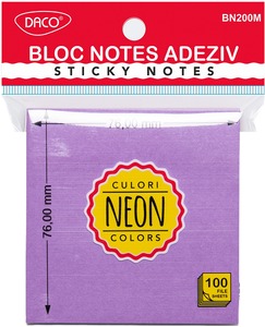 Öntapadó jegyzettömb 76x76 mm 100 lap Daco neon lila