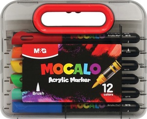 Akril marker k&eacute;szlet, ecsetv&eacute;gű M&G "Mocalo" 12 sz&iacute;n