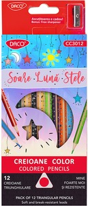 Színesceruza készlet, ajándék hegyező Daco "Soare Lună Stele" 12 szín