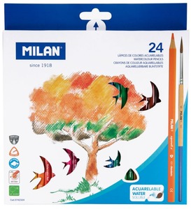 Színesceruza készlet akvarell, háromszög test, ajándék ecset Milan "Aqua" 24 szín